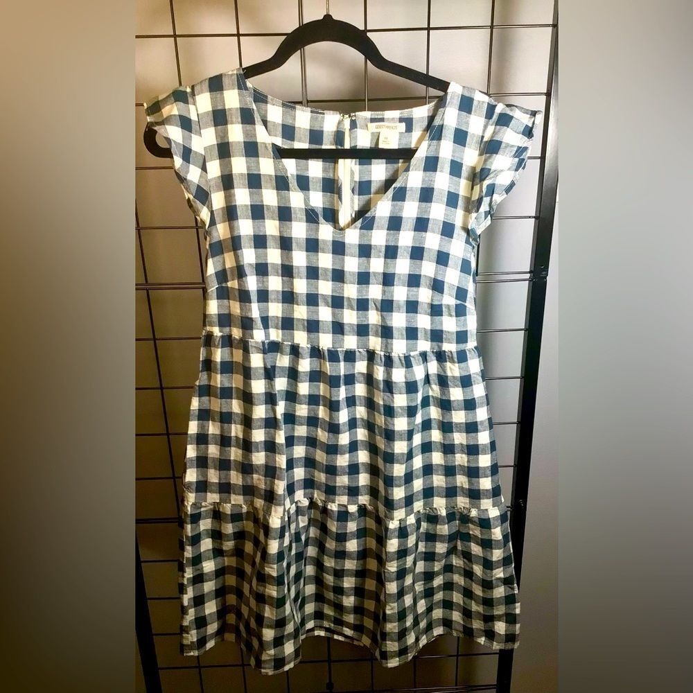 Good Threads washed linen blend flutter sleeve gingham peasant dress NWT